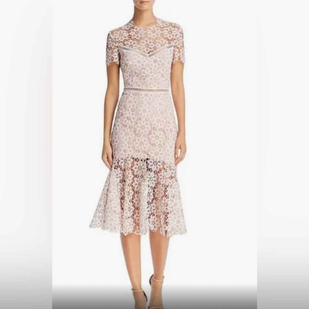 SAYLOR Lillie Lace Illusion Dress 
Illusion Neckline/Open Back 
MED 
BLUSH/IVORY - Picture 12 of 16